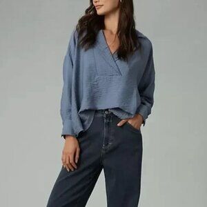 Women Anthropologie The Dylon Long-Sleeve Wide-Placket Top Denim Blue Medium